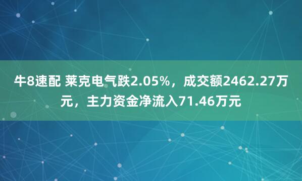 牛8速配 莱克电气跌2.05%,成交额2462.27万元,主力资金净流入71.46万元